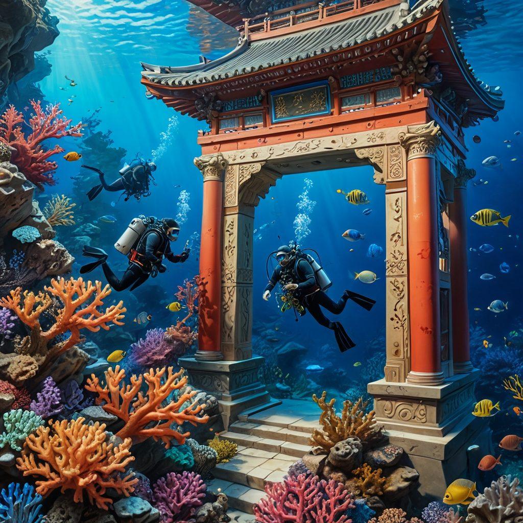An intricate underwater scene where researchers in scuba gear are diving among vibrant coral reefs, carrying ancient Korean scrolls and modern research equipment. The background features traditional Korean architectural elements and various marine life. The overall mood should be a blend of historical exploration and cutting-edge science. painting. vibrant colors.