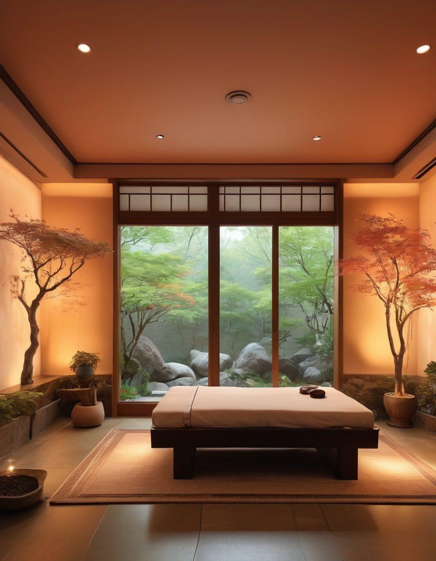 A serene therapy room with floor-to-ceiling windows overlooking a tranquil Korean garden, featuring a mix of traditional Korean decor and modern therapeutic tools. A figure receiving a tranquil treatment with soothing light patterns and holographic elements symbolizing innovative technologies. Super-realistic. Warm, calming colors.