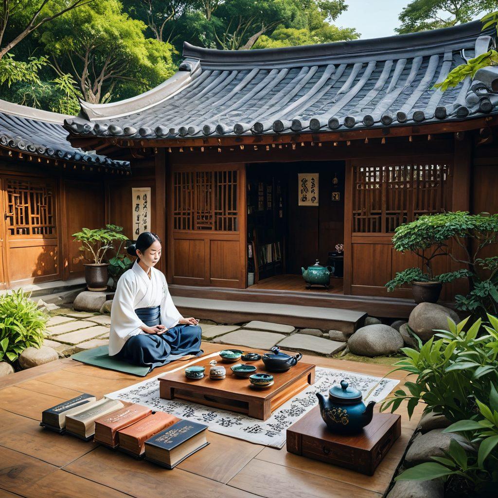 A serene Korean traditional house amid lush greenery, with a person meditating on a wooden floor inside, surrounded by bookshelves full of psychology books, subtle Korean cultural elements like calligraphy and tea set, and mental health symbols blending seamlessly. super-realistic. vibrant colors.